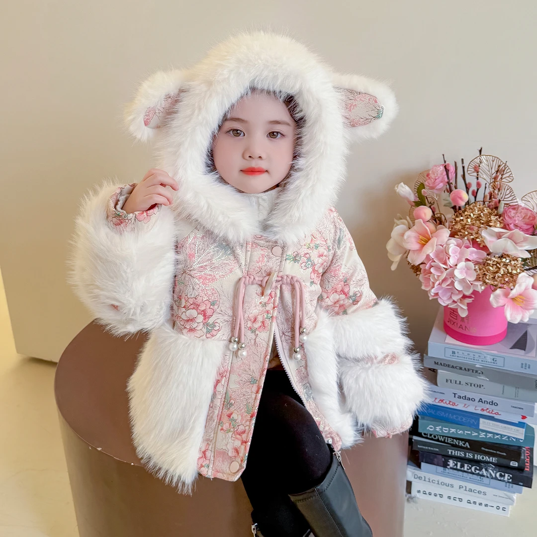 女童中国风皮草外套2024新款中大童冬季皮毛一体加厚毛毛衣派克服