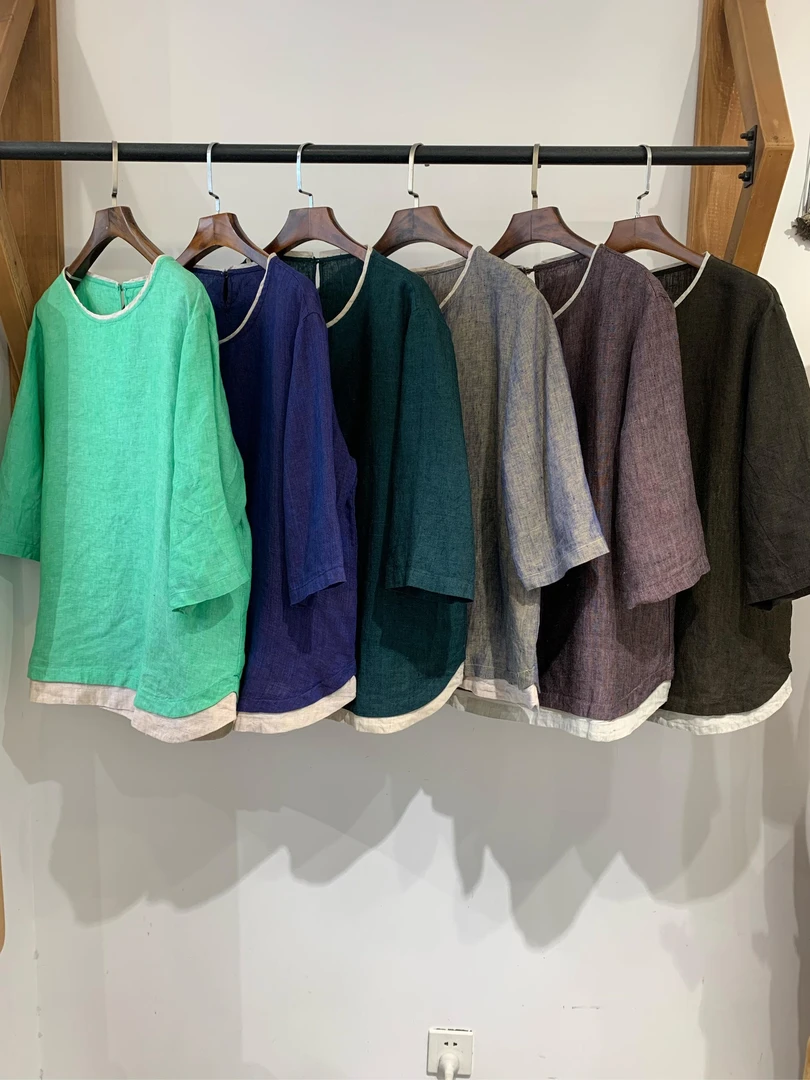 汉麻领口撞色七分袖T恤女新款薄款休闲时尚百搭圆领上衣MXQ 022