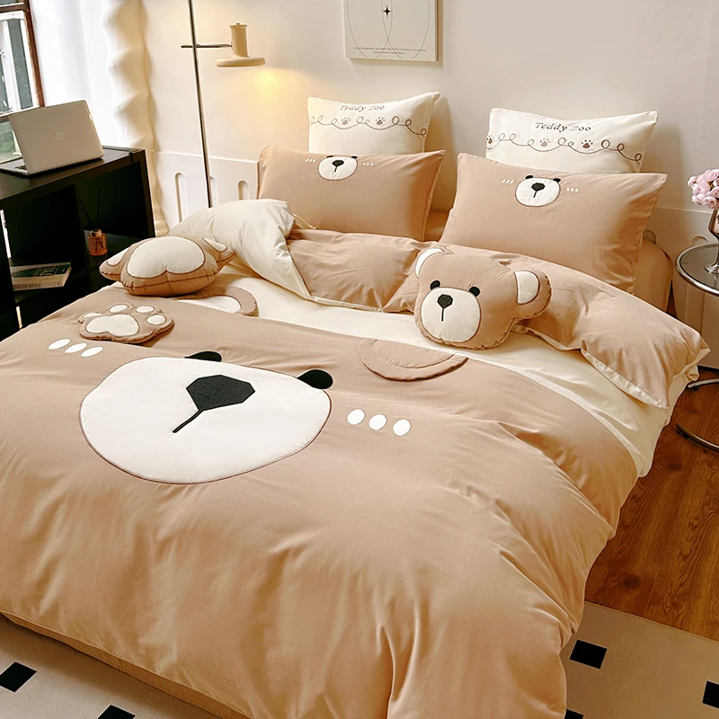 TD 9116 新款加厚全棉磨毛绣花五件套 嘟嘟熊-焦糖色