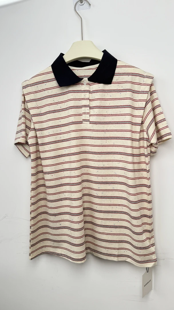 2025新款女士红色条纹POLO衫时尚休闲百搭夏季半袖翻领气质