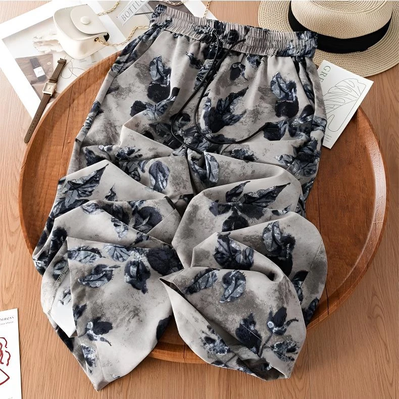 水墨印花阔腿裤女薄款2025夏季雪纺高腰垂感宽松显瘦直筒休闲裤子