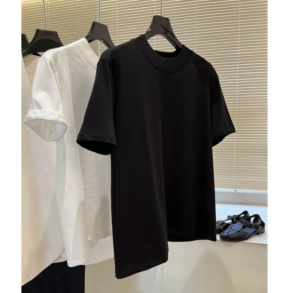 IACHOE新品舒适圆领夏季纯色简约百搭黑色t恤3531501015*