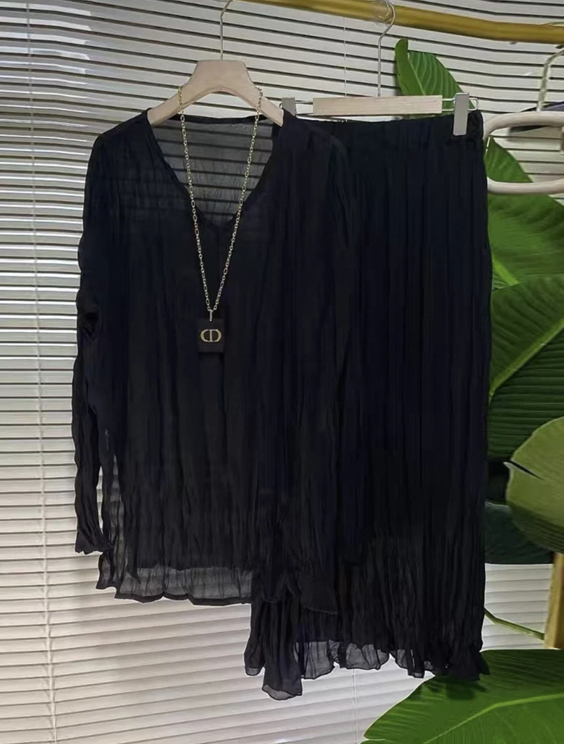 【山本风】极简黑设计套装V领侧开叉大码宽松显瘦裙秋新品长袖