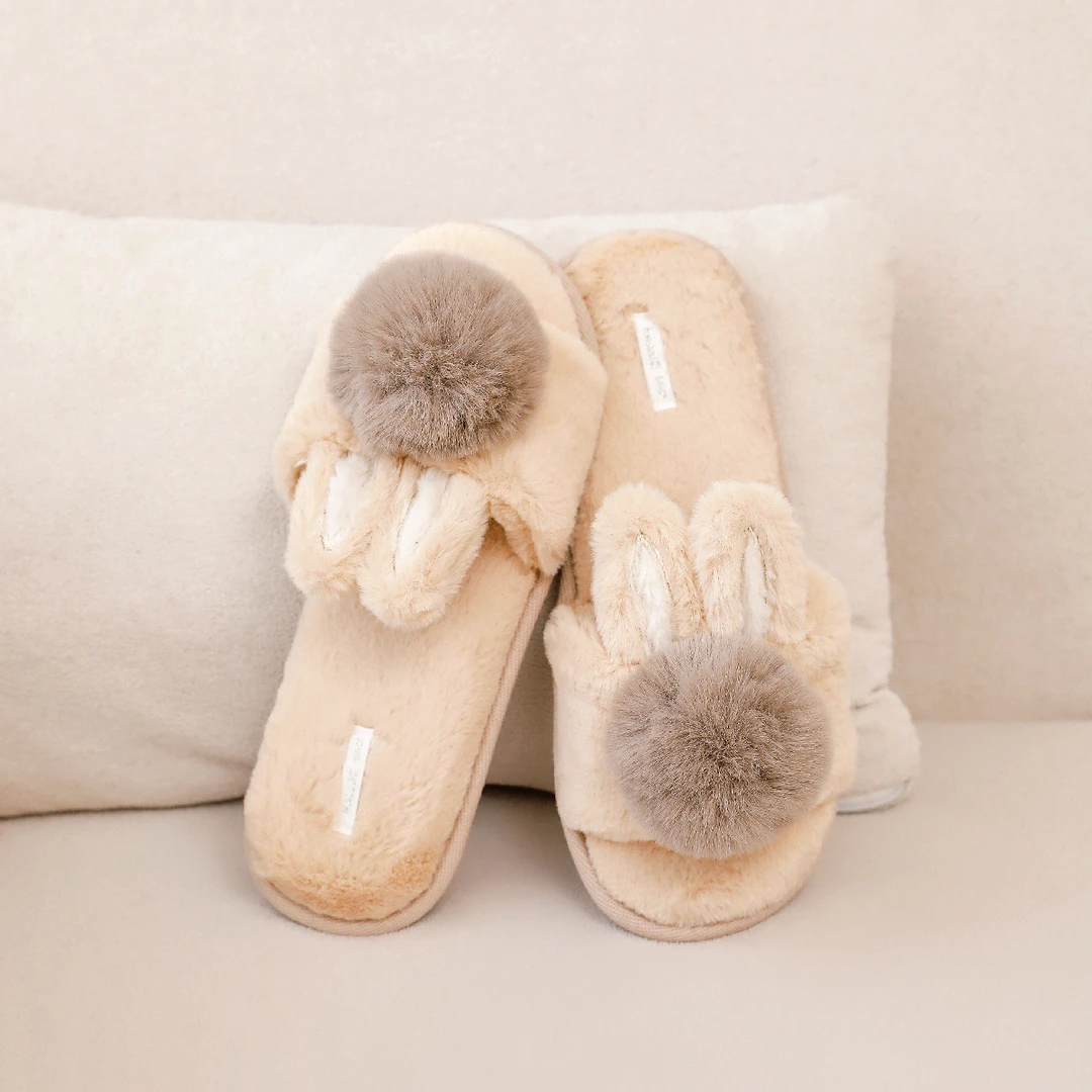 Halluci冬季可爱兔子毛绒开口防滑保暖可外穿女士居家棉拖棉拖鞋