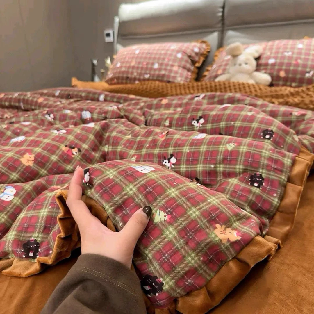 insA棉双层纱B豆豆绒床上四件套秋冬季加厚牛奶绒被套床单三件套