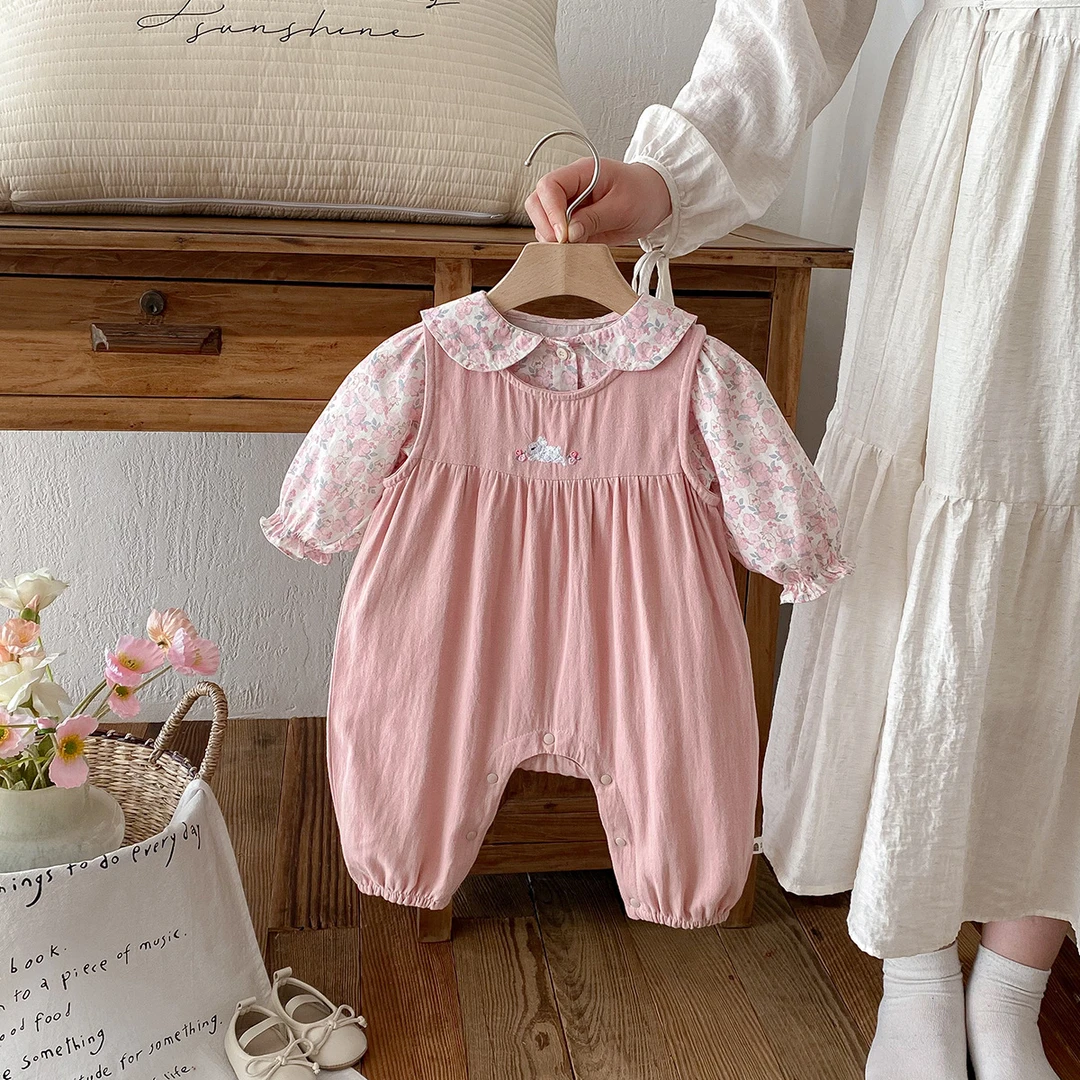 点兮新生婴儿衣服春装女宝宝连体衣碎花衬衫超萌可爱背带裤两件套