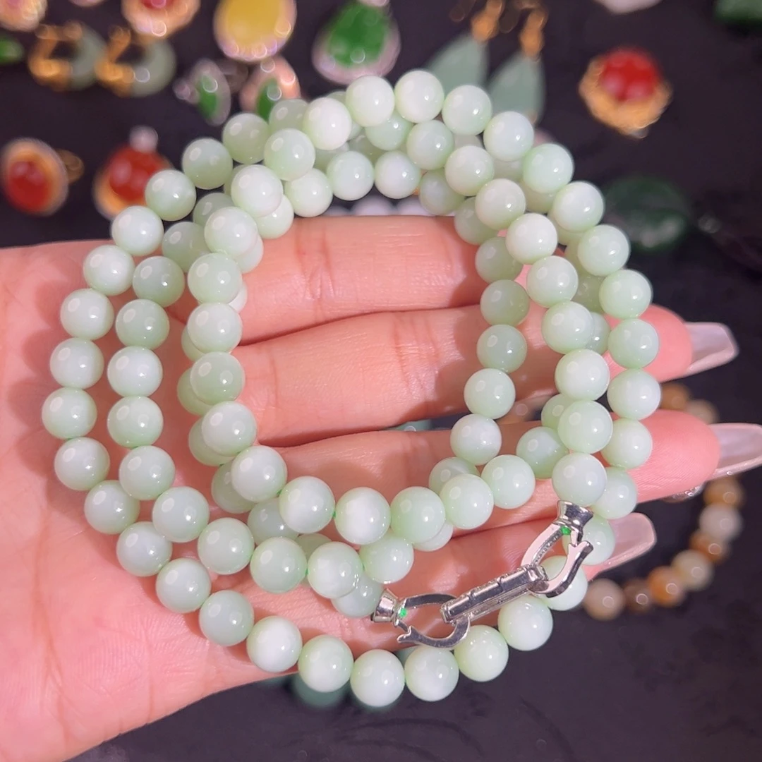 毛衣链未镶嵌和田玉薄荷奶绿过眼过灯起荧光猫7mm