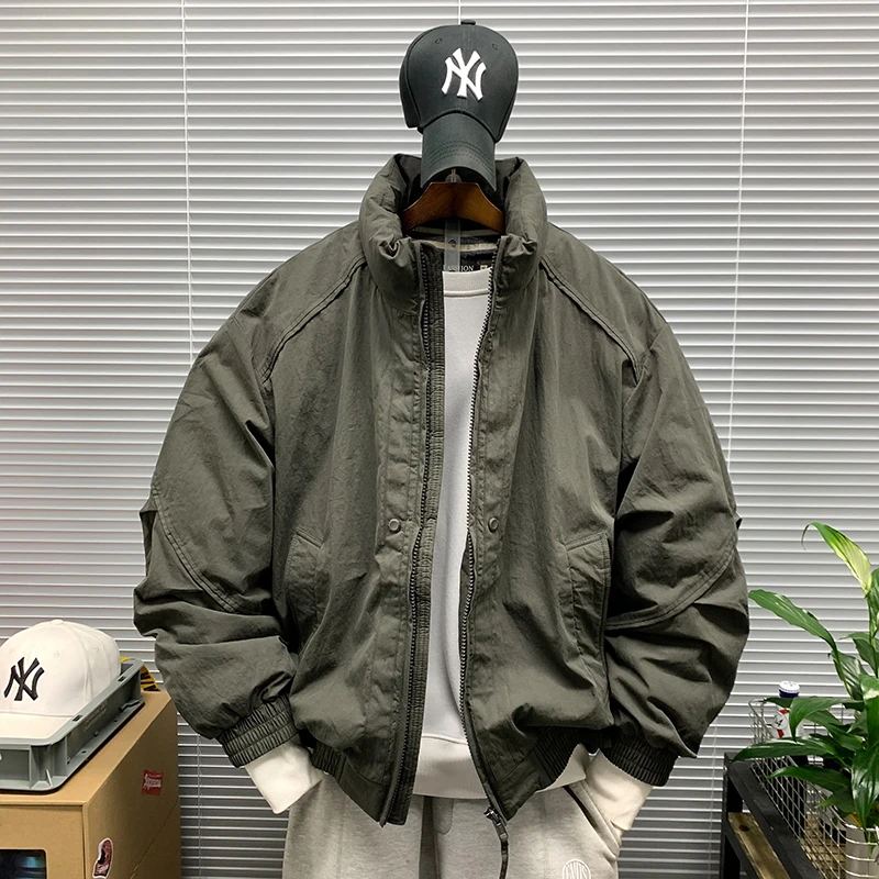 冬季新款工装潮牌连帽羽绒服夹克男休闲宽松高街立领百搭保暖外套