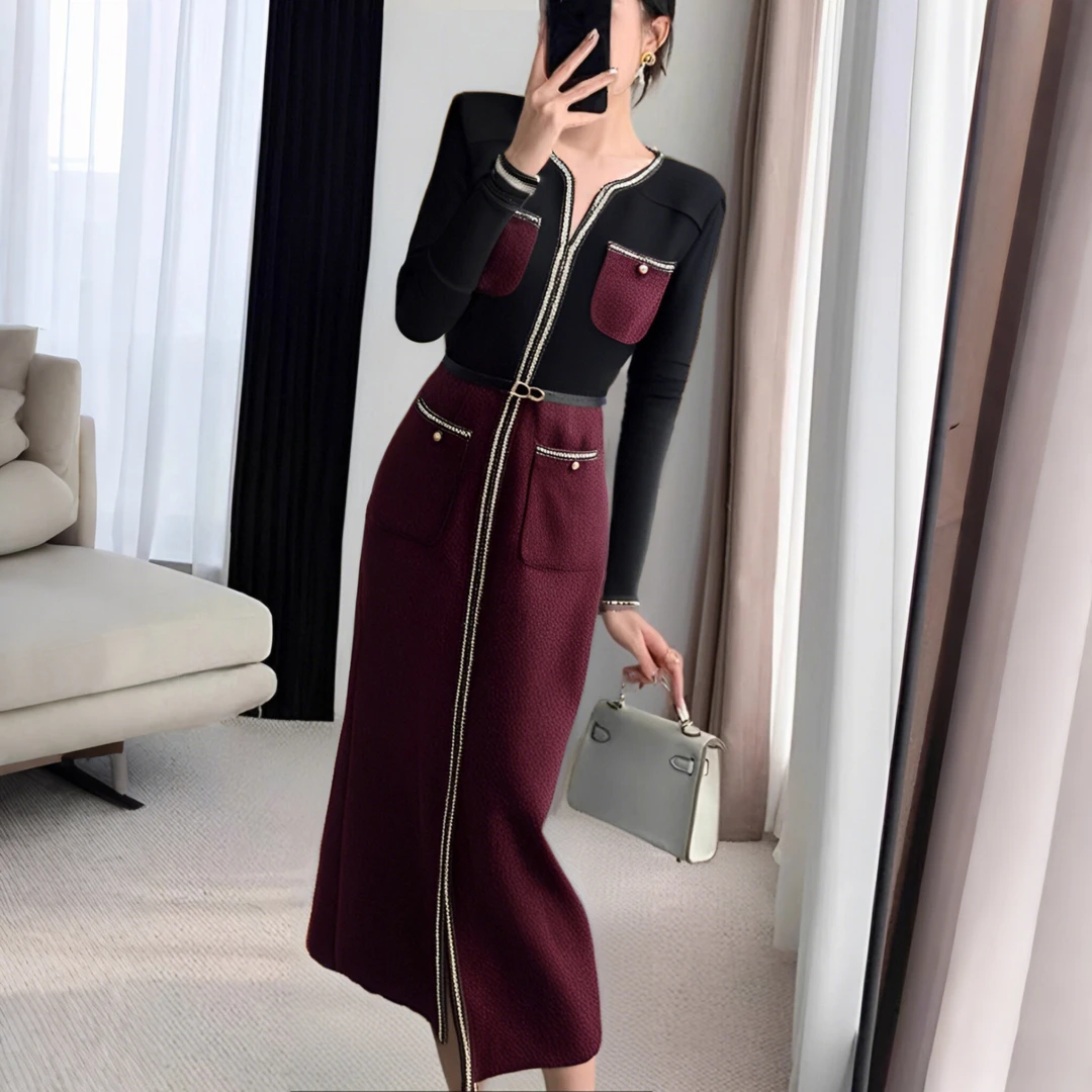 【ZY】长袖秋季拼接女装连衣裙撞色秋季小香风针织休闲时尚长裙2912