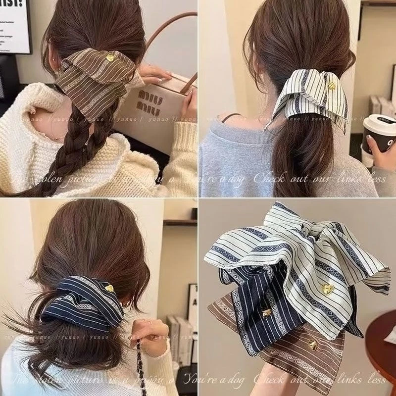 法式复古条纹方形大肠圈方巾博主同款发绳低马尾头绳高级感发饰女