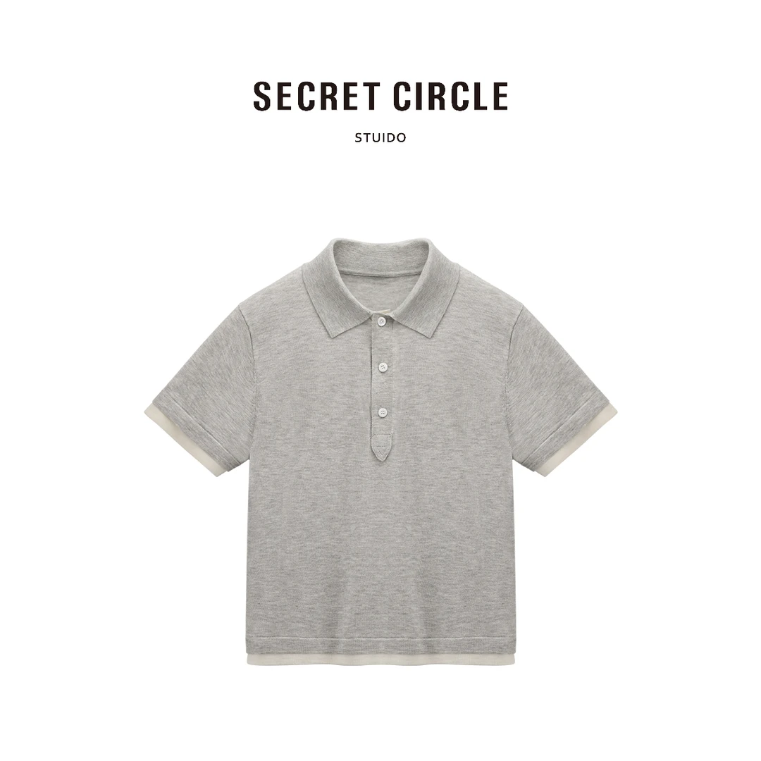SECRET CIRCLE·秘社 假两件POLO针织衫显瘦绵羊毛翻领短袖10348
