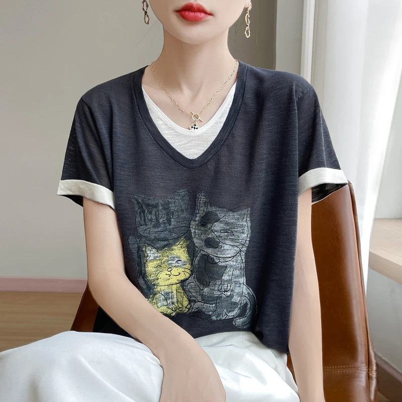 拼色竹节麻V领假两件针织衫减龄猫咪印花上衣透气T恤5067