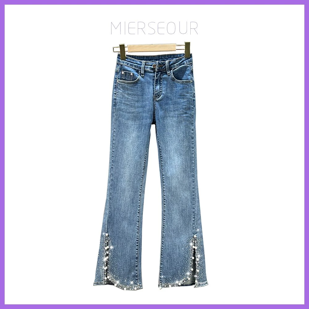 高腰烫钻高腰微喇牛仔裤女弹力休闲夏季薄款显瘦百搭九分裤910