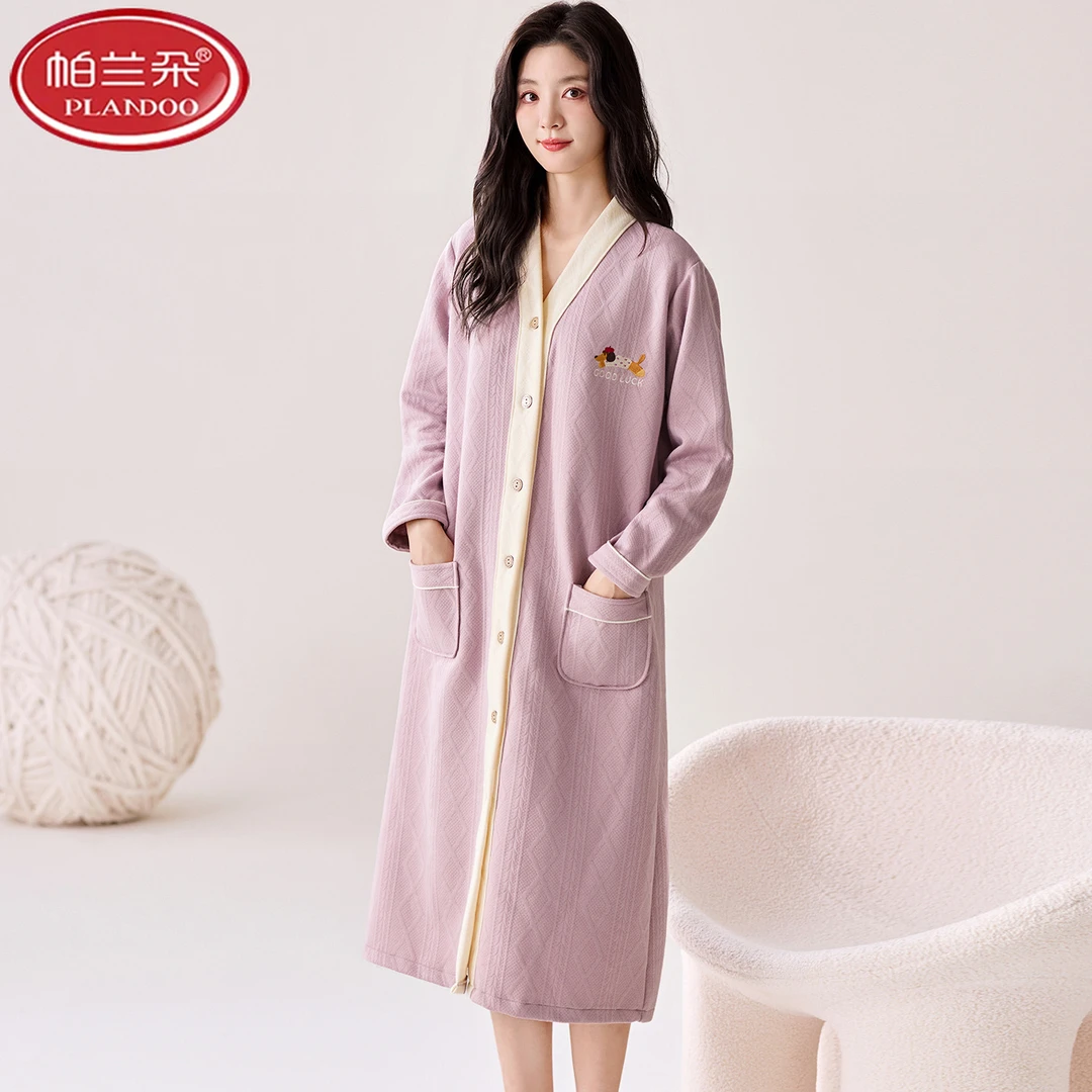 帕兰朵棉质夹层秋冬季柔软保暖女士睡衣宽松休闲长袖睡袍简洁时尚