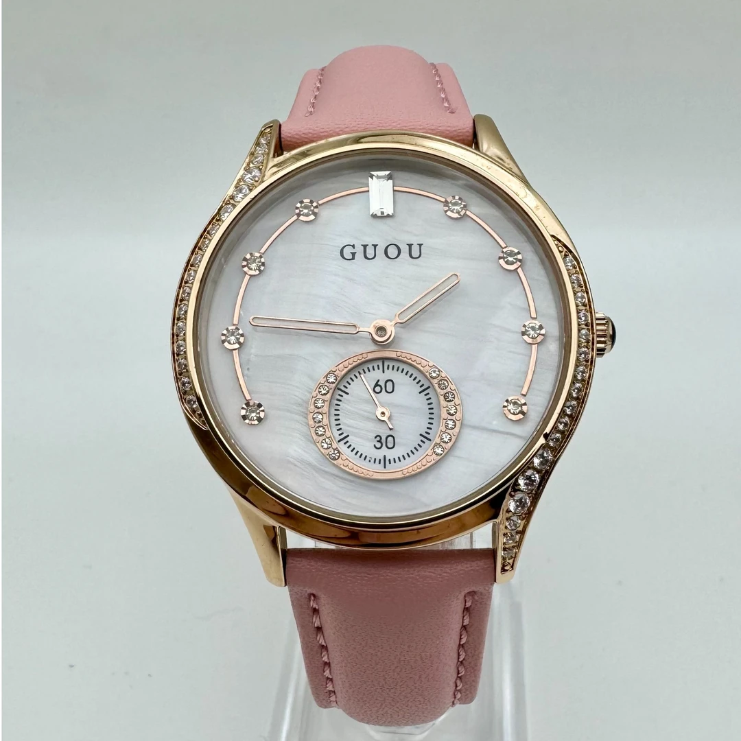 【仓库直发】6041 粉带金壳白彩贝盘 小众设计感镶钻防水读秒全自动