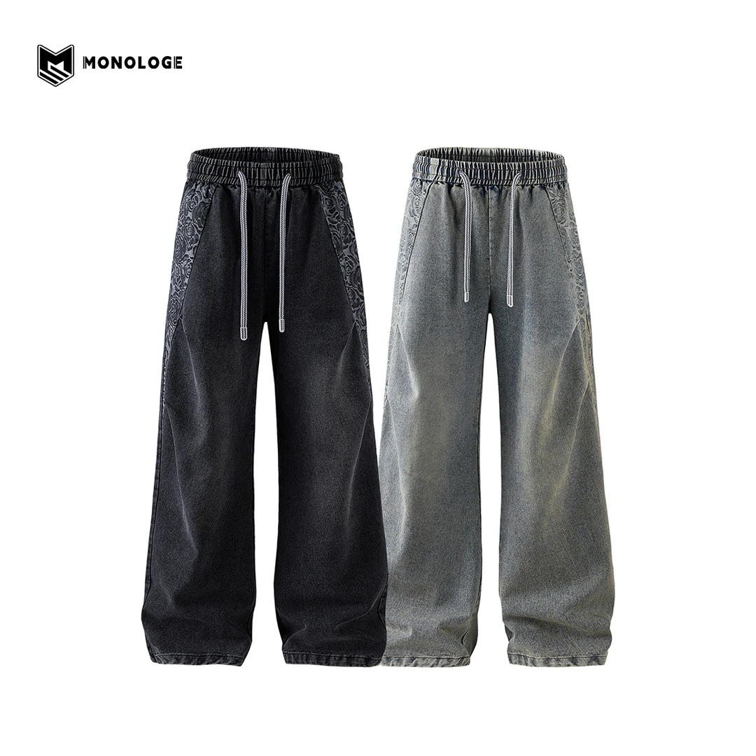 MONOLOGE牛仔裤男潮牌宽松直筒复古水洗国风高街长裤ins痞帅裤子