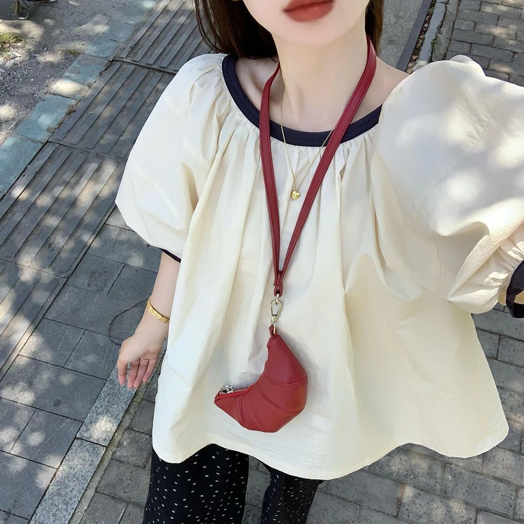 拼接撞色泡泡袖衬衫夏季新款大码女装圆领时尚显瘦短袖T恤女上衣