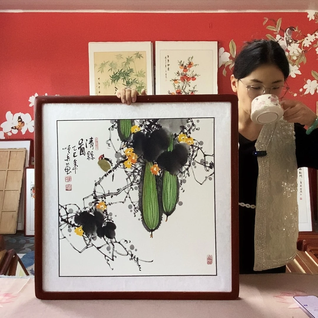 国画手写手绘带框包邮国画作品62✖️62