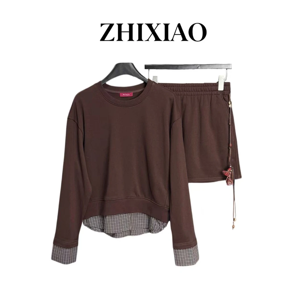 【ZHIXIAO】秋冬新款：格子拼接套装50627