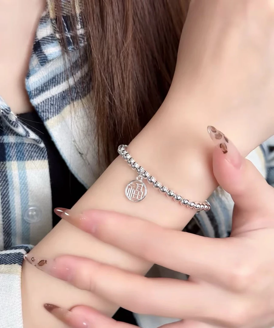 925银手链 雪银银匠/S925小福牌5mm光珠手链轻奢时尚简约百搭