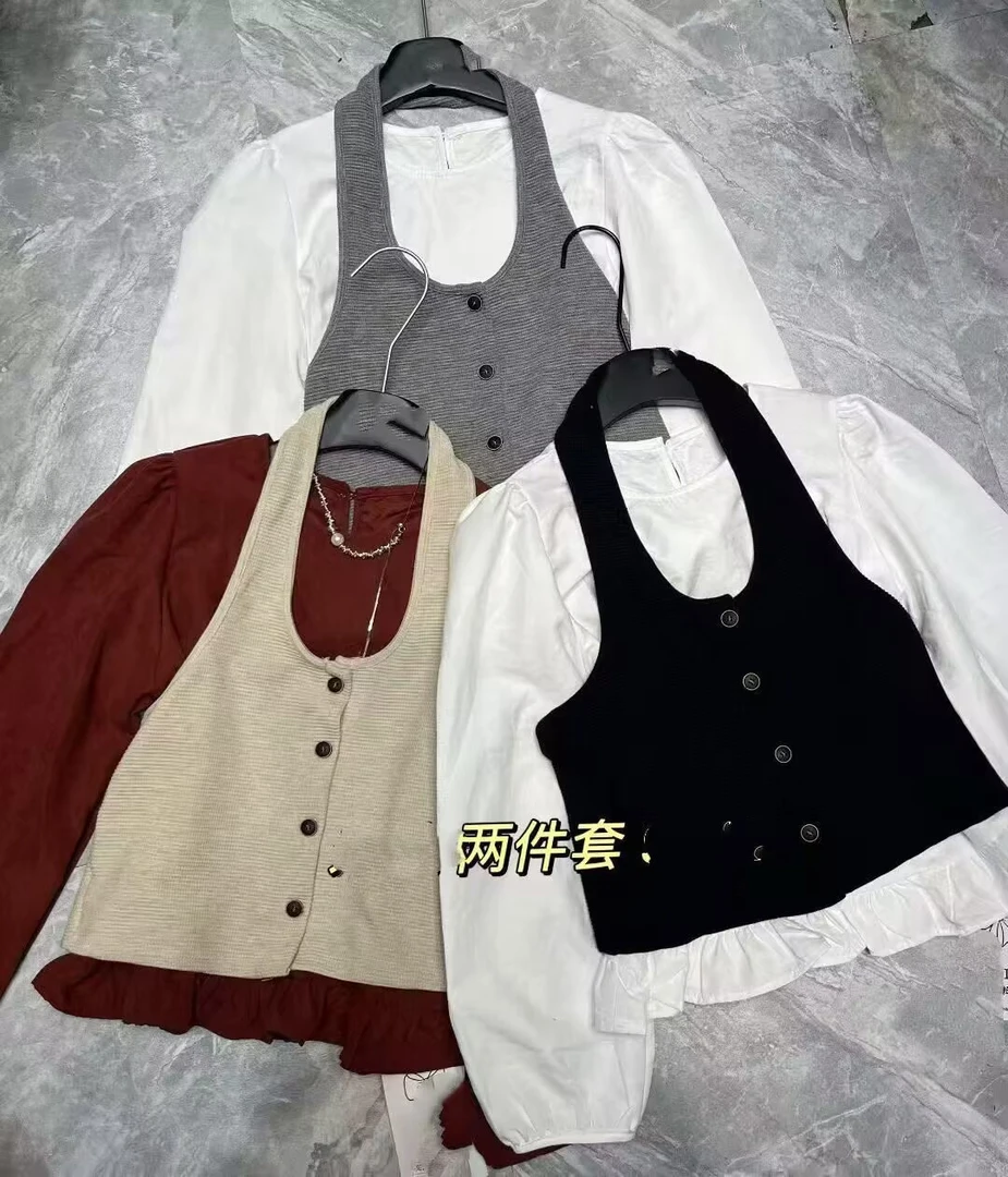 【可乐优选】韩系泡泡袖衬衫+挂脖针织背心两件套