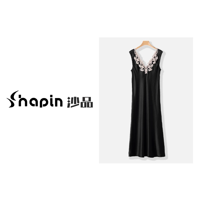 高定睡衣性感拼色蕾丝双V领背心裙收腰睡裙连衣裙家居服CZ1916