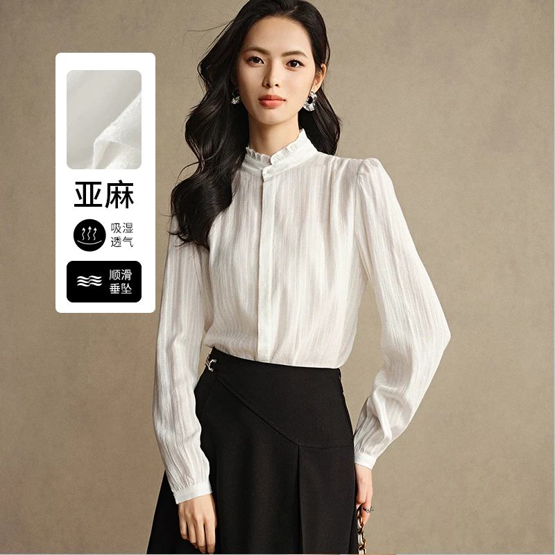 晚白【新品】2025春亚麻衬衣花边衬衫女24102302