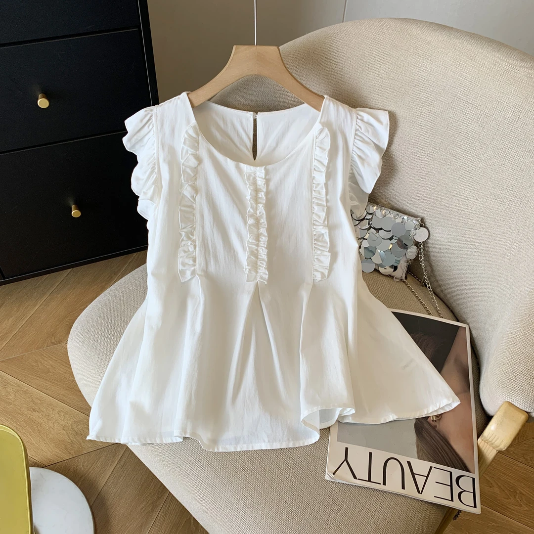 2025夏季新款韩版宽松显瘦拼接木耳花边通勤显瘦小众百搭衬衫上衣
