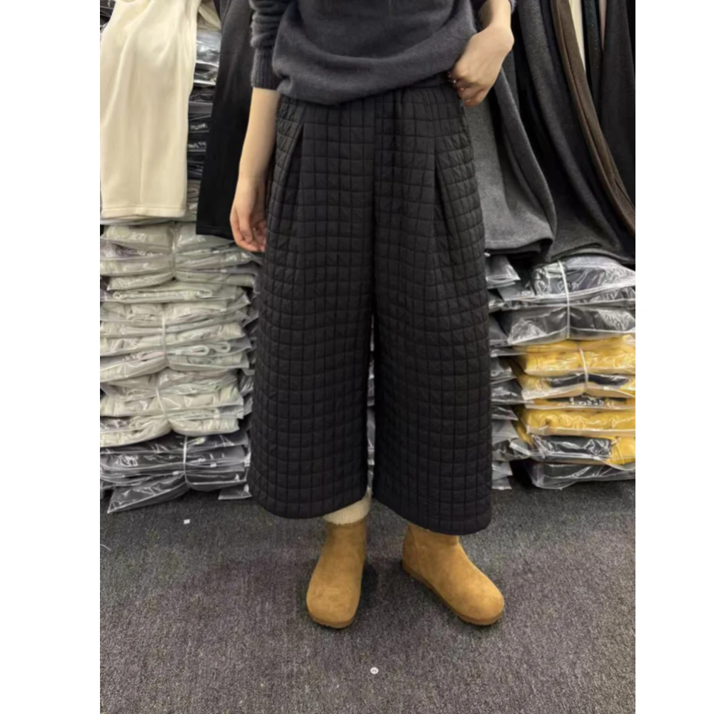 欧洲站冬季新款夹棉格子八分阔腿裤女洋气宽松百搭靴裤气球裤厚款
