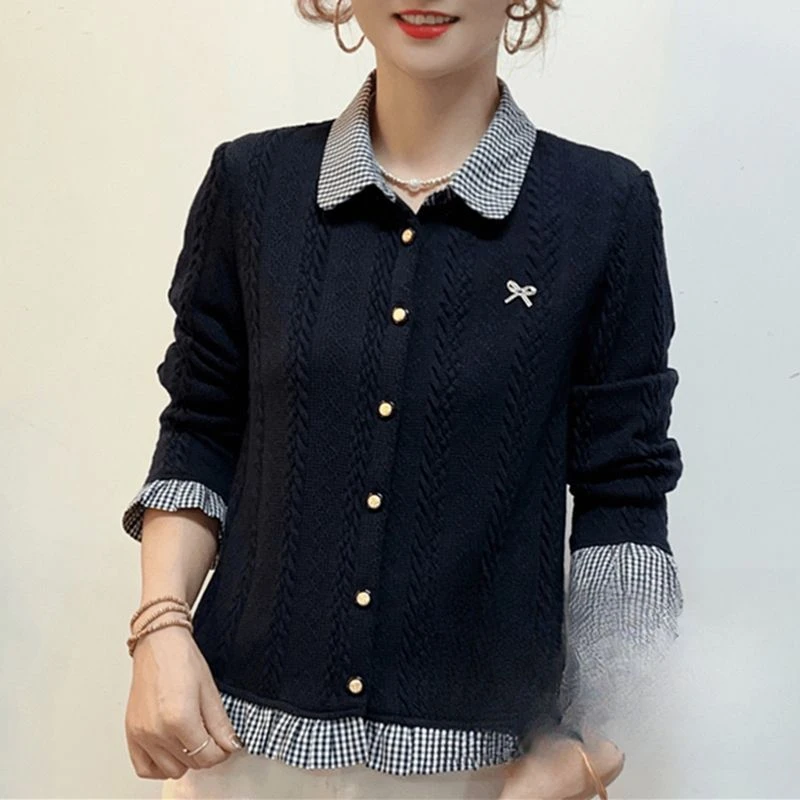 秋季时尚假两件大码衬衫洋气减龄蝴蝶结格子翻领女士气质开衫上衣