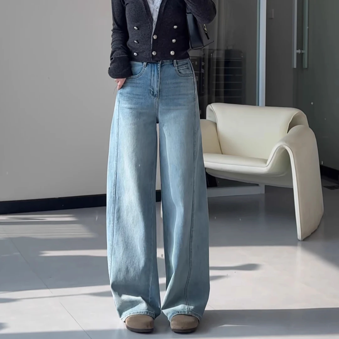 蓝色高腰直筒牛仔裤女春夏新款大码胖mm宽松显瘦设计感阔腿拖地裤