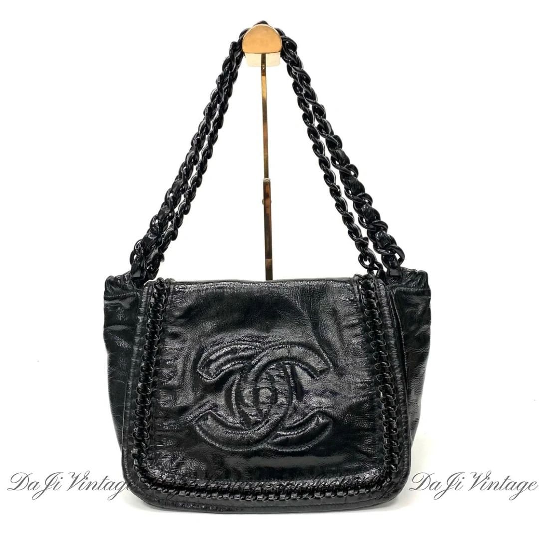 95新 Chanel/香奈儿 大吉中古/Chanel香奈儿黑色漆皮饺子单肩包