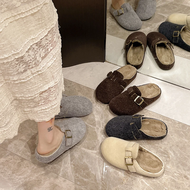 【厂家直销】踩屎感秋冬女款勃肯鞋尼料毛毛拖鞋咖色包头半拖女鞋
