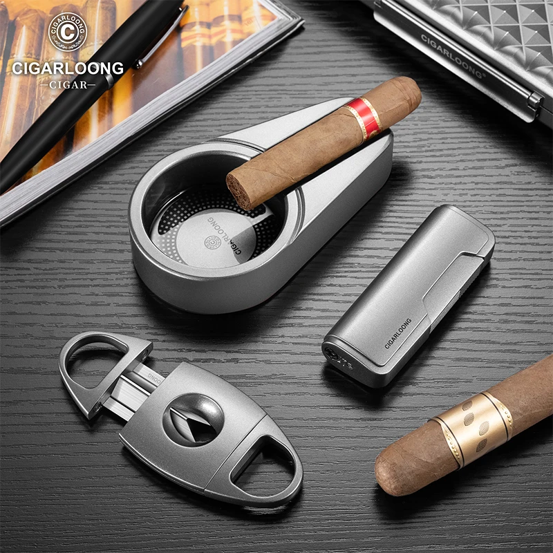 茄龙雪茄烟具套装不锈钢烟灰缸直冲打火机雪茄剪三件套CT-25AM