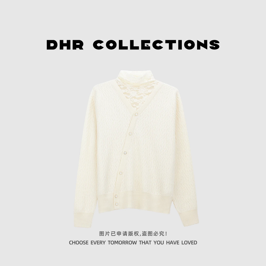 豆豆9【蕾丝拼接打底衫】绵羊毛V领时尚减龄显瘦针织衫-7769825DM