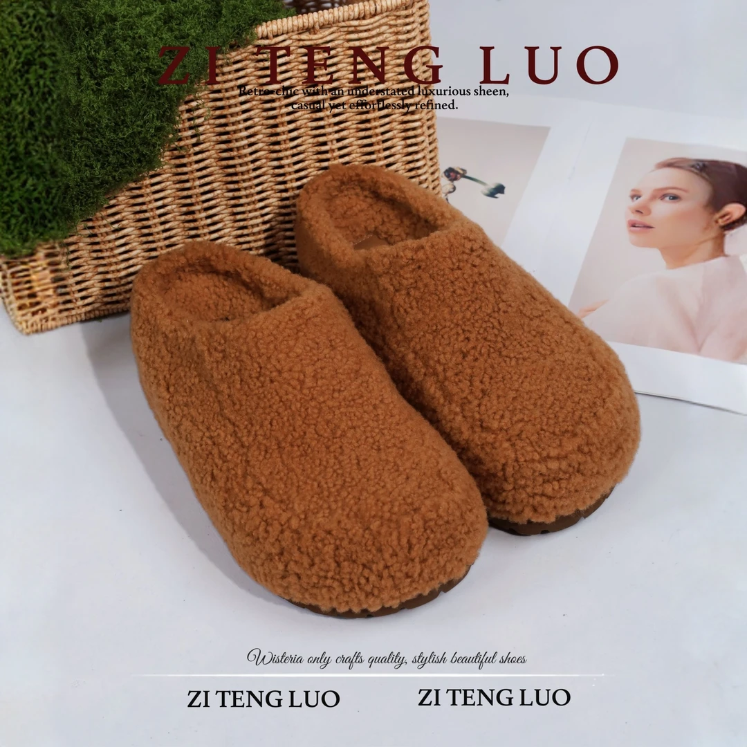 ZiTengLuo/26年早春复古日式防水台少女风休闲羊羔毛包头拖2317-8