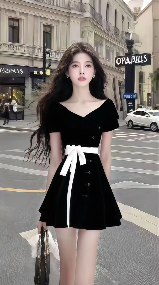 夏季新款时尚黑色V领短袖收腰设计感连衣裙女温婉显瘦气质氛围感