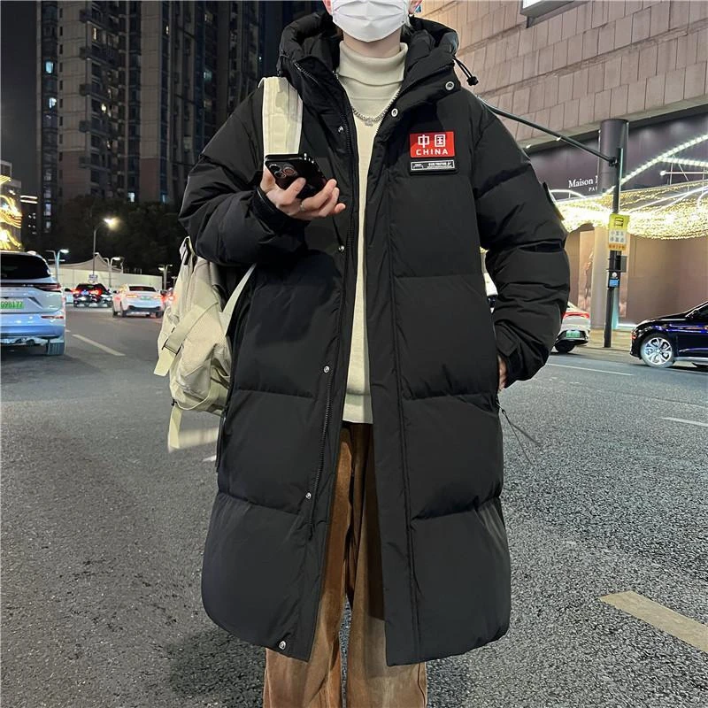 FAVMARTHA中长款拼色秋冬季防寒连帽羽绒棉服男过膝加棉加厚青少