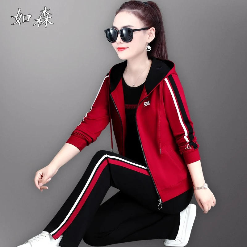 运动服套装女春秋款2025新款洋气宽松显瘦大码连帽卫衣休闲三件套
