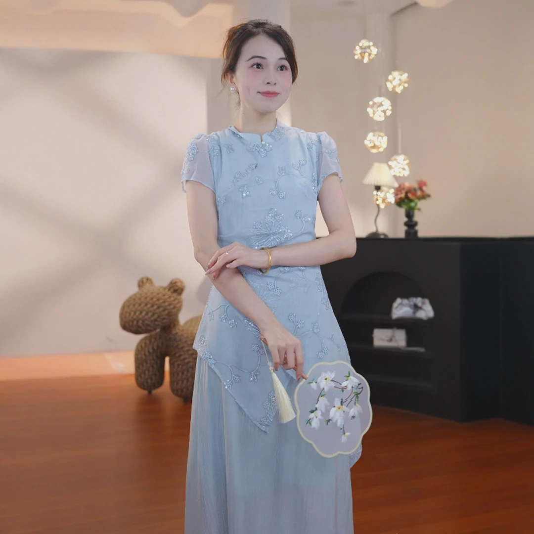 夏季新品国风设计感重工刺绣收腰短袖连衣裙009