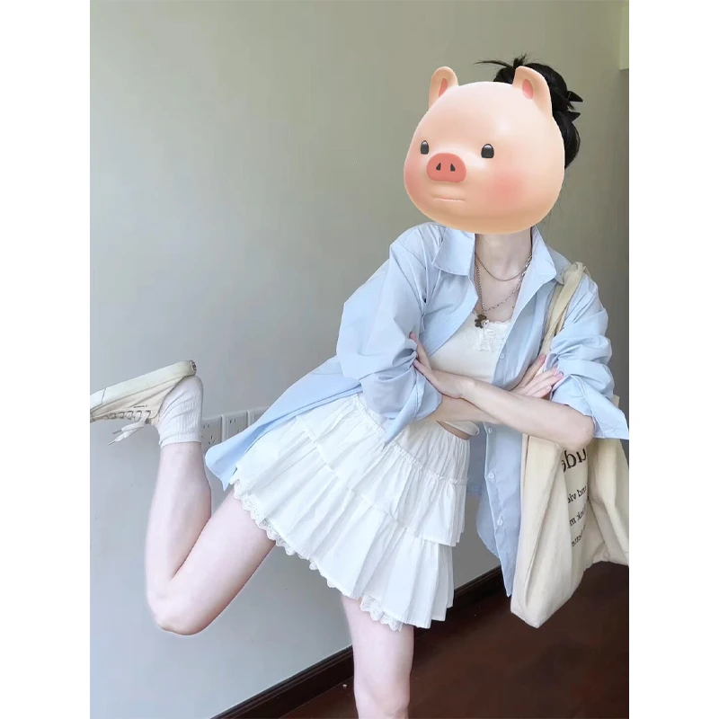 长袖上衣衬衫衬衣内搭海边度假风短裙蛋糕裙半身裙蓬蓬裙A字短裙