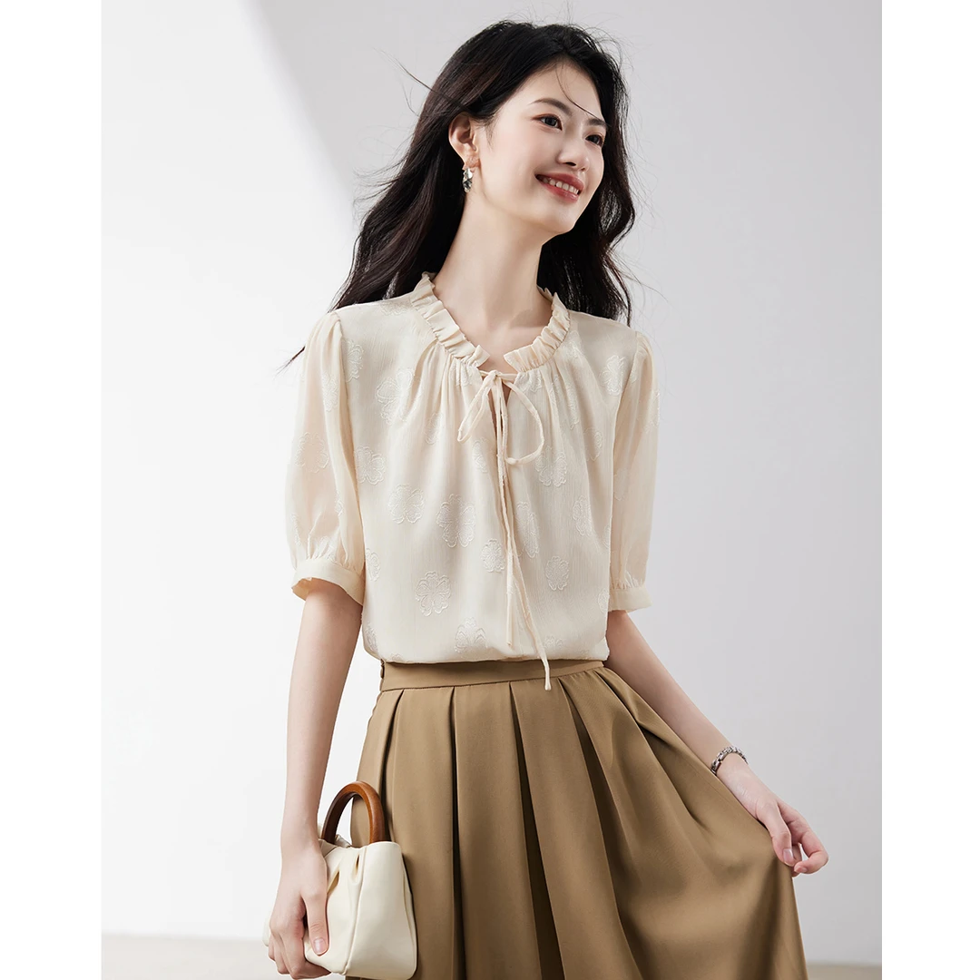 设计感泡泡袖雪纺小衫女秋2025新款小个子时尚洋气高级感时尚上衣
