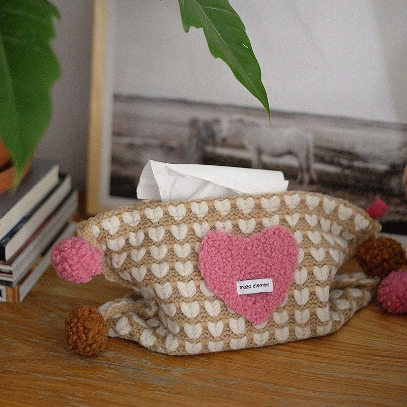 沐野 ins风爱心暖绒针织抽纸袋客厅家用文艺纸巾盒卧室车载纸巾包