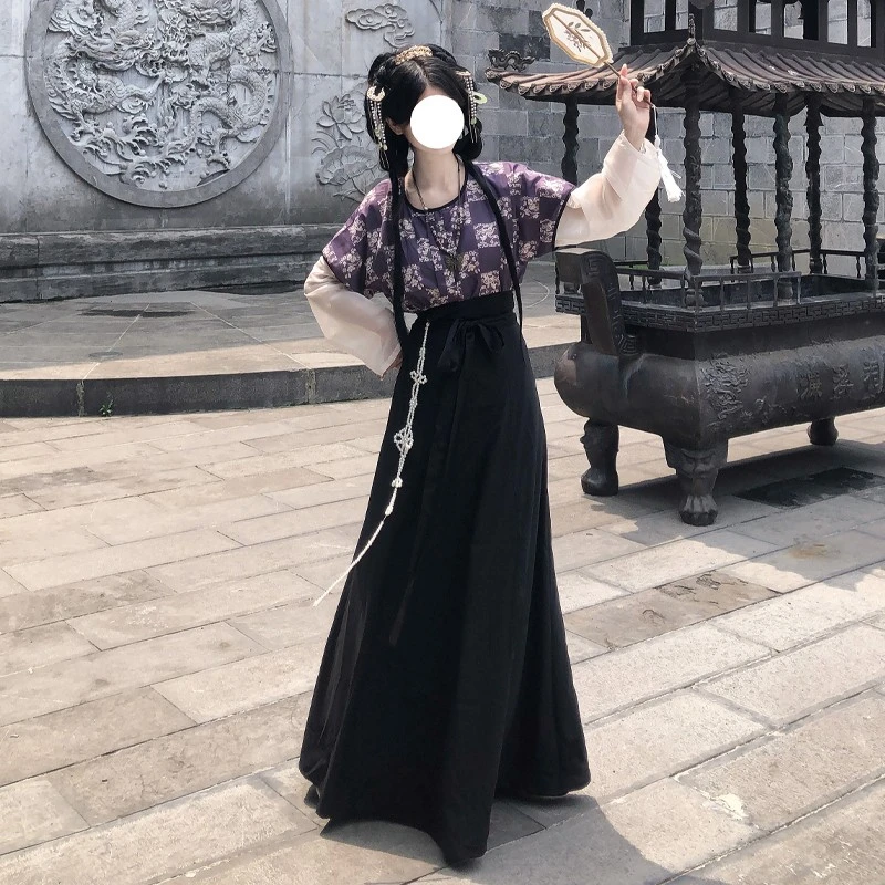 臻【有钱花】紫色新品大码汉服唐黑色日常新中式胖MM长裙破裙
