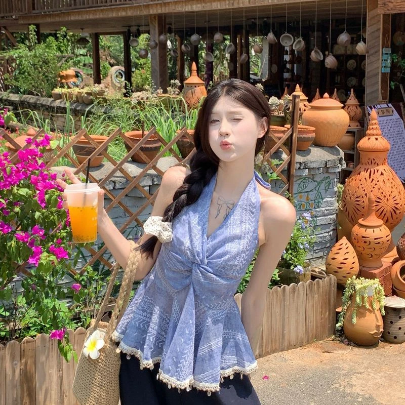 2025夏季新款韩系重工气质V领钉珠扭结短款小个子挂脖吊带背心女