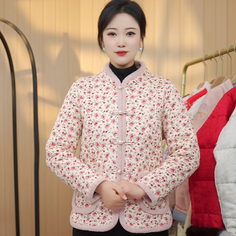 立领女装棉服小棉袄盘扣短款压花不褪色棉衣洋气加绒加厚拜年服