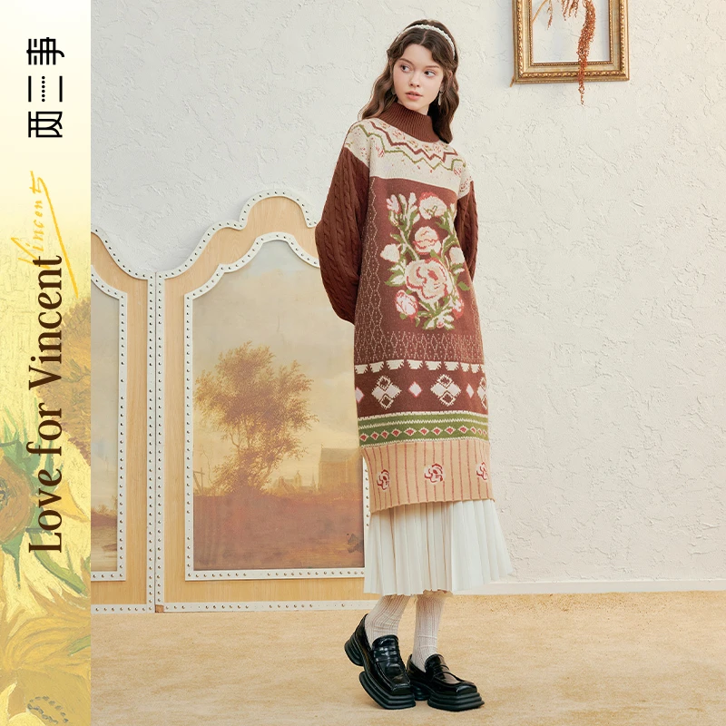 两三事梵高文艺繁世花调 森女风花色高领毛衣裙连衣裙S