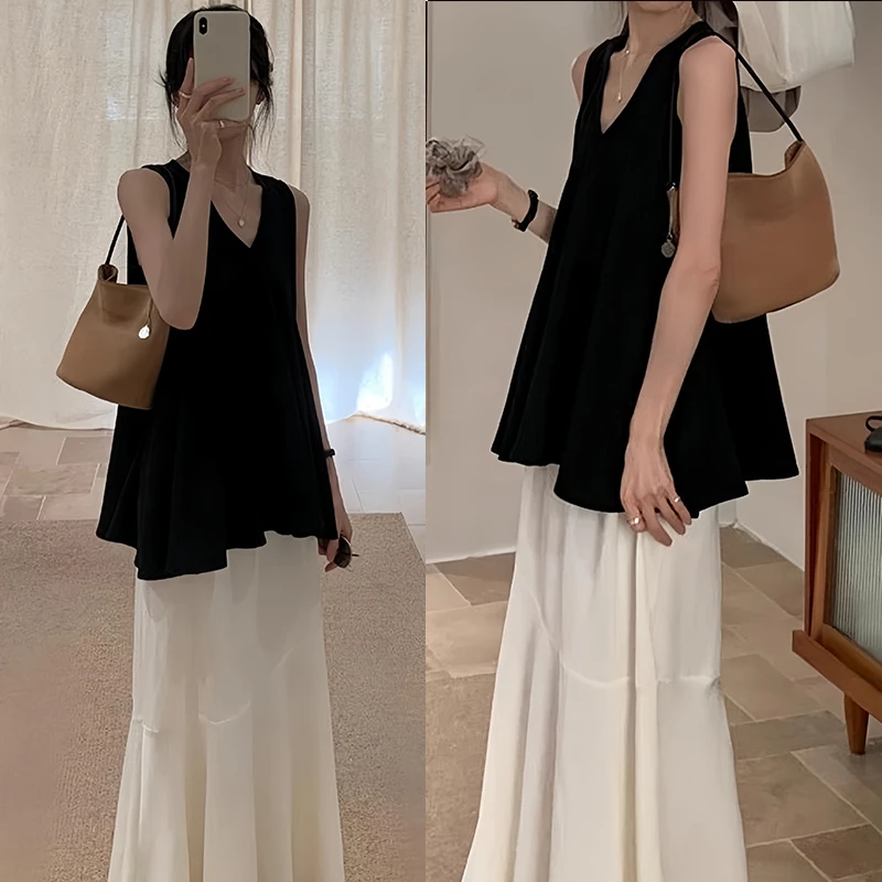 2025年夏季新款韩版女V领无袖背心女鱼尾半身裙慵懒风女装两件套