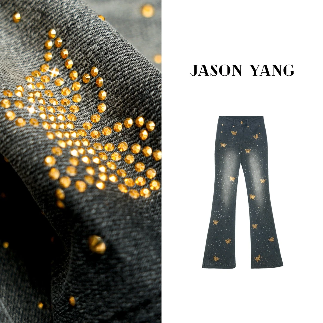 阿鱼家 [银河星芒]烫金蝴蝶重工烫钻喇叭牛仔裤