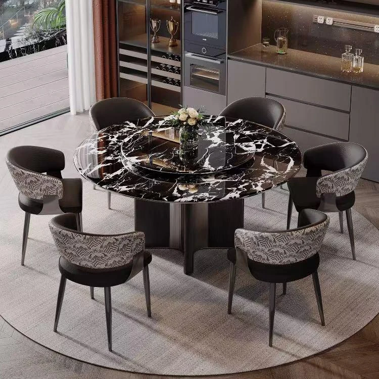 新款宝格丽黑奢石餐桌可旋转家用圆桌餐组合家用餐桌